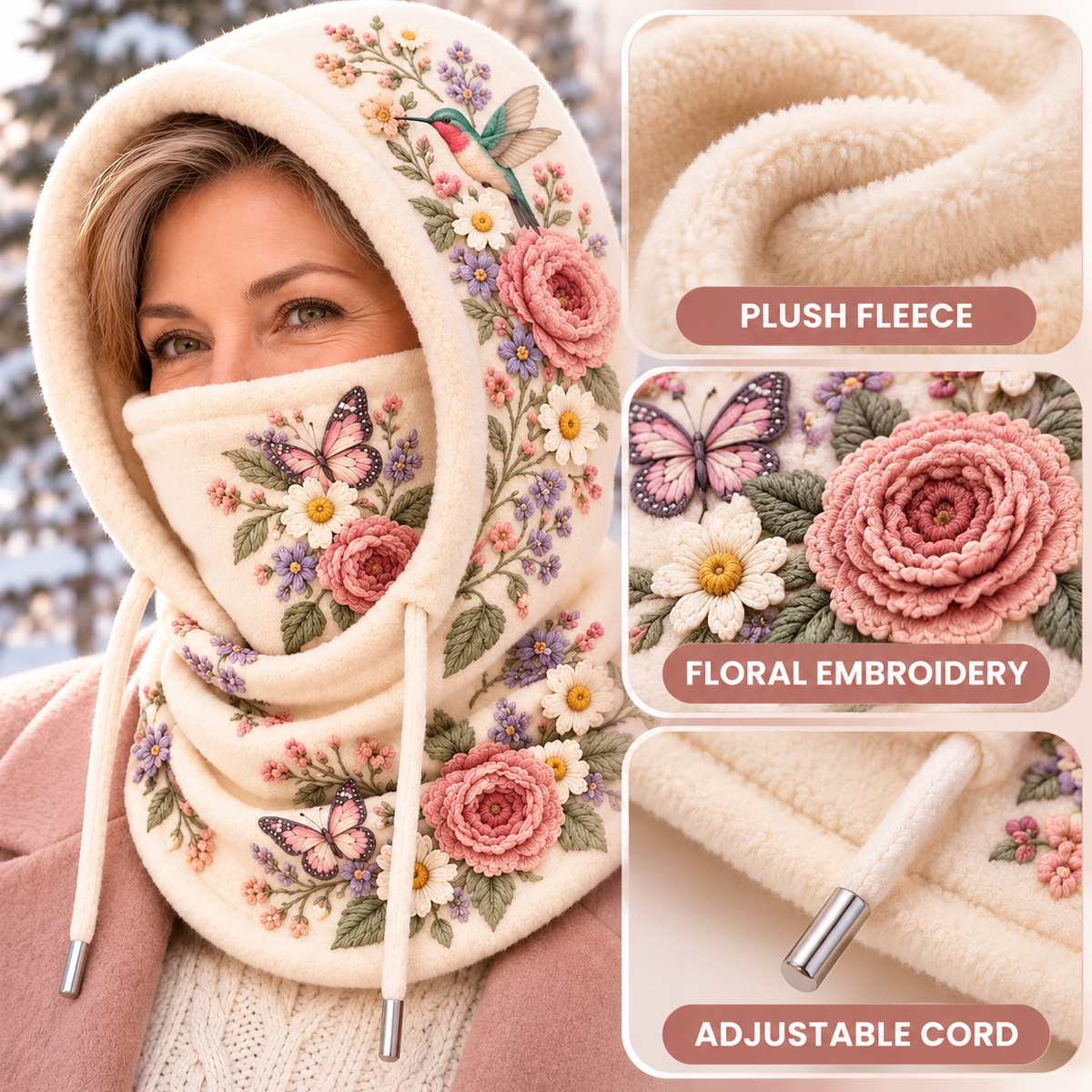 ❄️ Women's 3-in-1 Floral Fleece Winter Hood – Face Cover & Neck Warmer