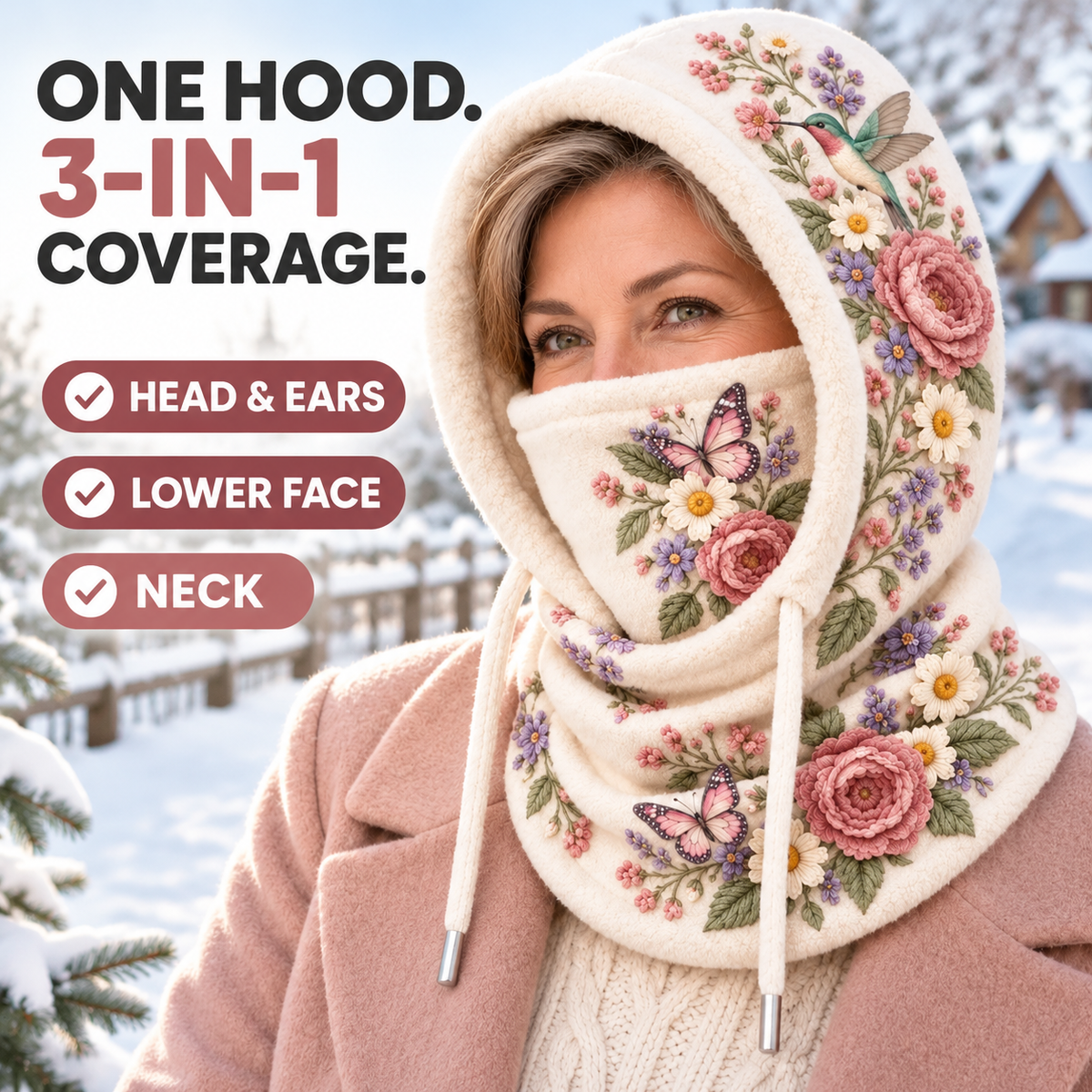 ❄️ Women's 3-in-1 Floral Fleece Winter Hood – Face Cover & Neck Warmer