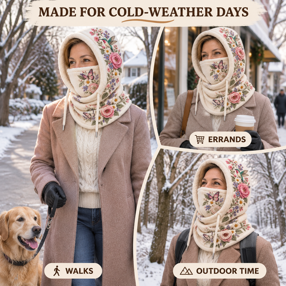 ❄️ Women's 3-in-1 Floral Fleece Winter Hood – Face Cover & Neck Warmer