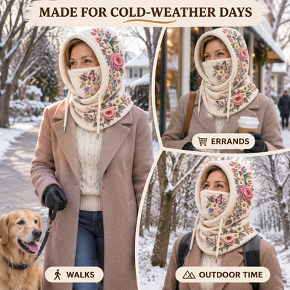 ❄️ Women's 3-in-1 Floral Fleece Winter Hood – Face Cover & Neck Warmer