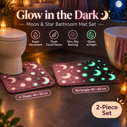 🌙 Glow in the Dark Moon & Star Bath Rugs – Soft 2-Piece Non-Slip Set✨