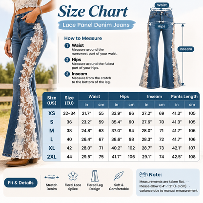 🌸 Women's Floral Lace Panel Flare Jeans – Flattering Western-Inspired Denim