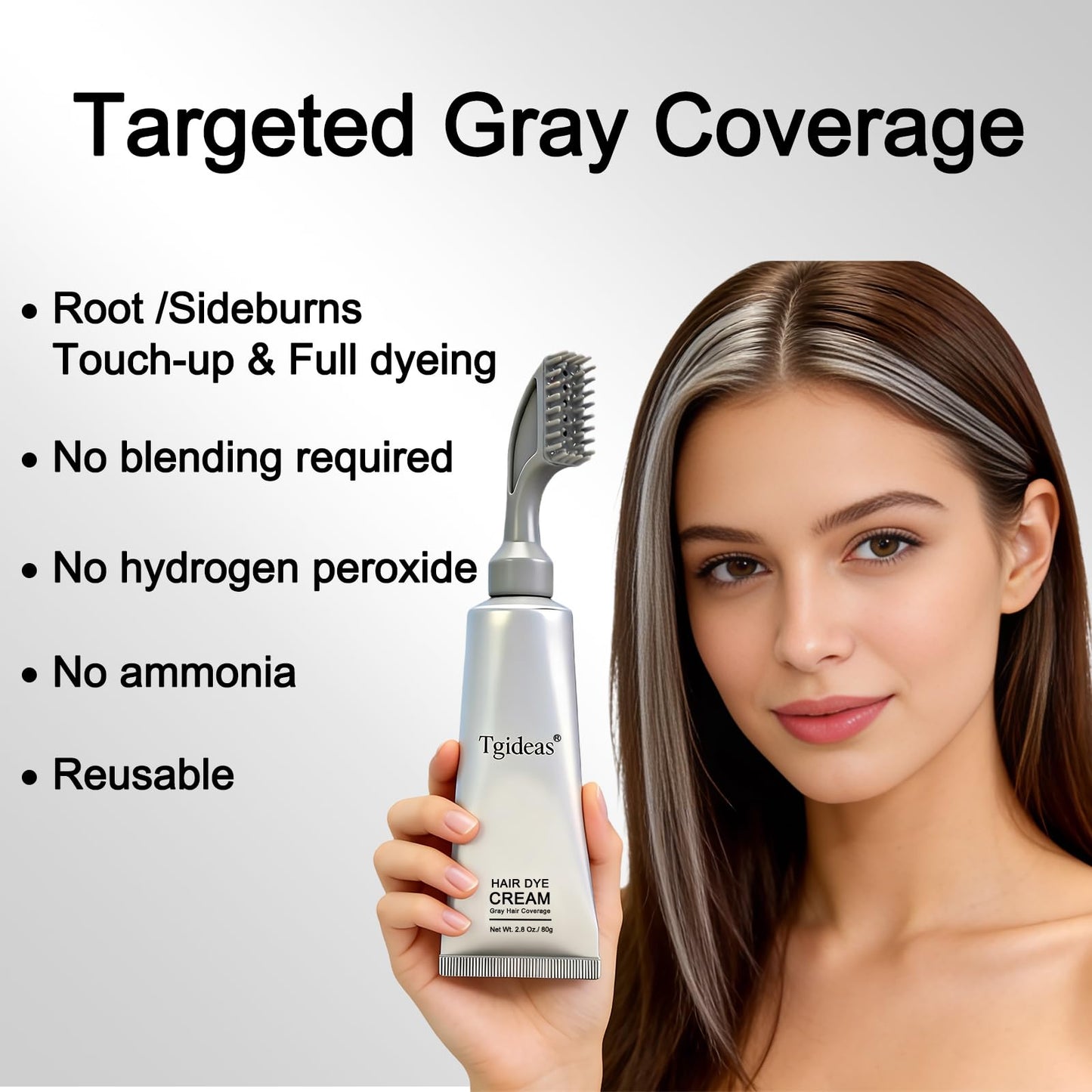 Targeted gray hair coverage for roots and sideburns