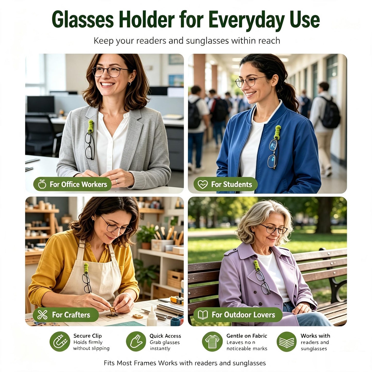 Different users wearing magnetic eyeglass holder