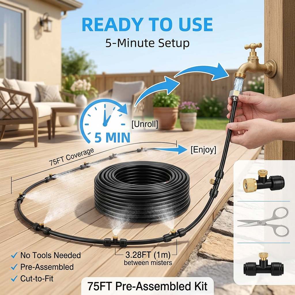 75 FT Outdoor Misting Cooling System Set