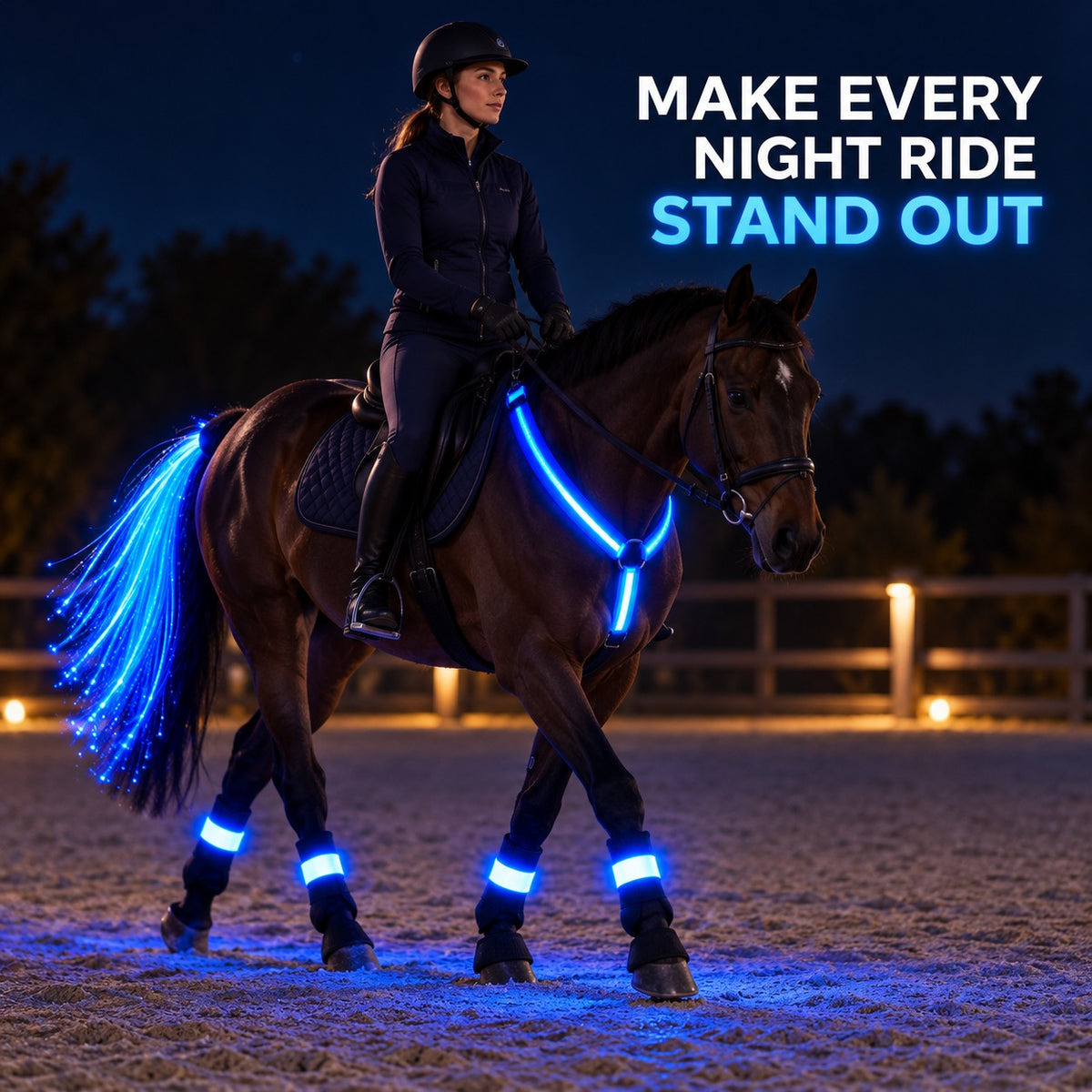 LED Horse Visibility Gear Set – Light Up Chest Harness, 4 Leg Bands & Tail Light for Night Riding
