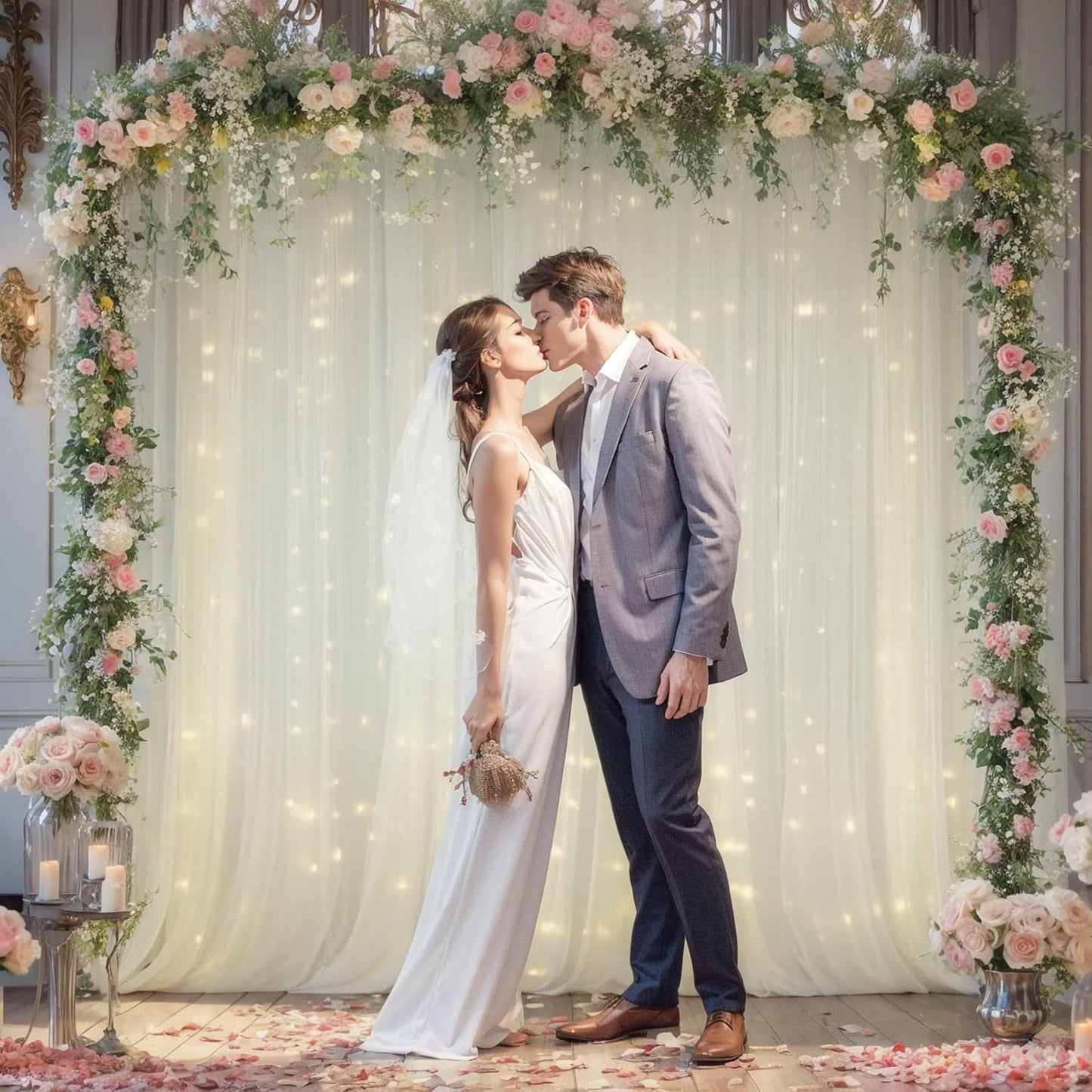✨Dreamy Sheer Tulle Backdrop Curtain with Lights for Weddings & Parties🤍