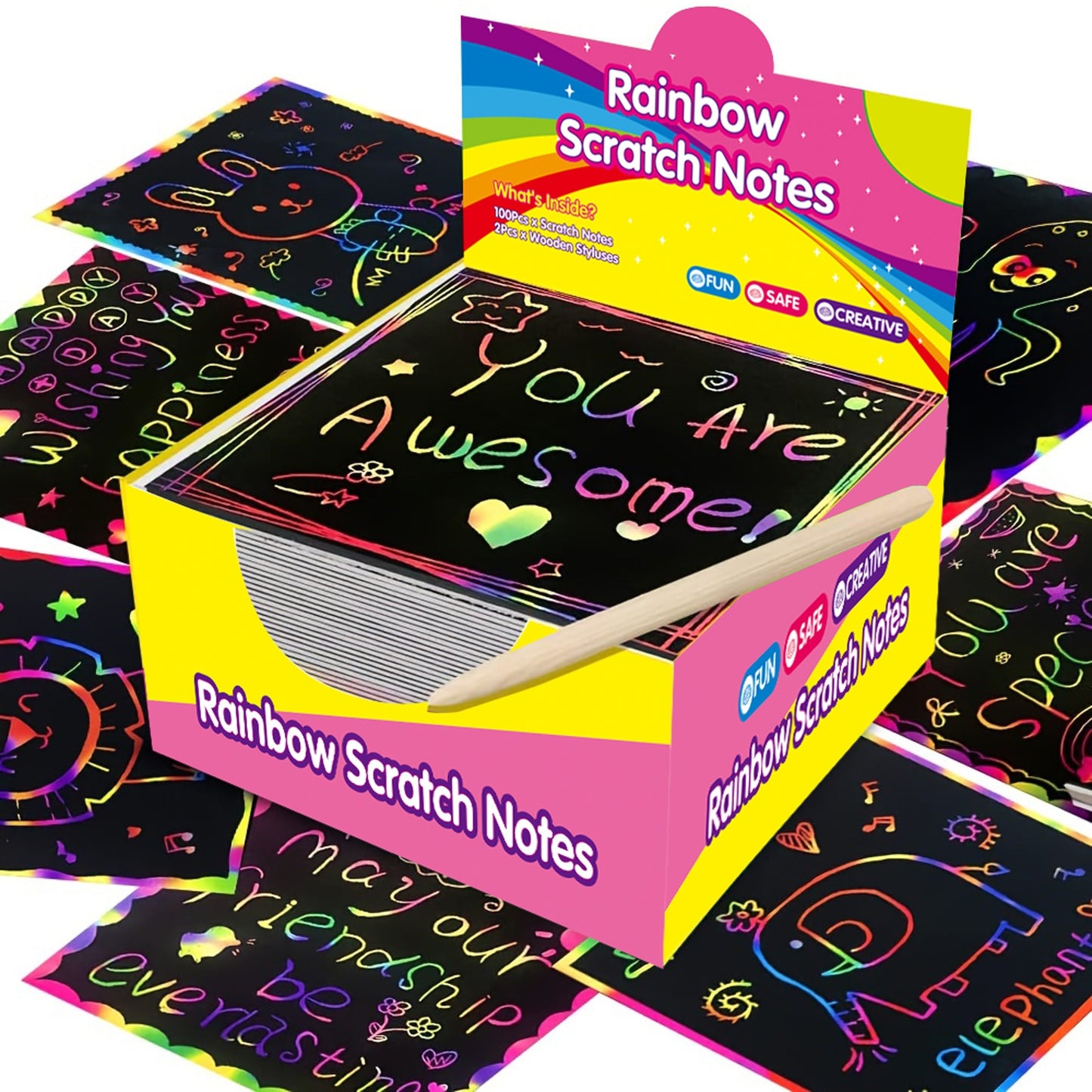 🌈👶🏻Rainbow Scratch Art Paper – 100 Sheets DIY Magic Reveal Kit✨