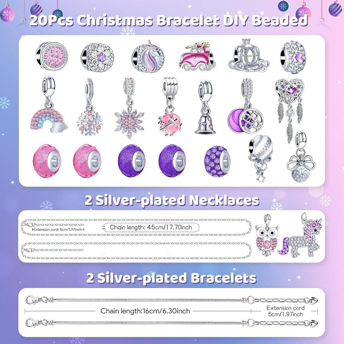 🎄 Christmas Advent Calendar 24 Days DIY Charm Bracelet & Necklace Making Kit, Purple Pink Crystal Beads Jewelry Set, Christmas Gift for Girls