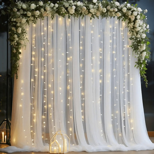 ✨Dreamy Sheer Tulle Backdrop Curtain with Lights for Weddings & Parties🤍
