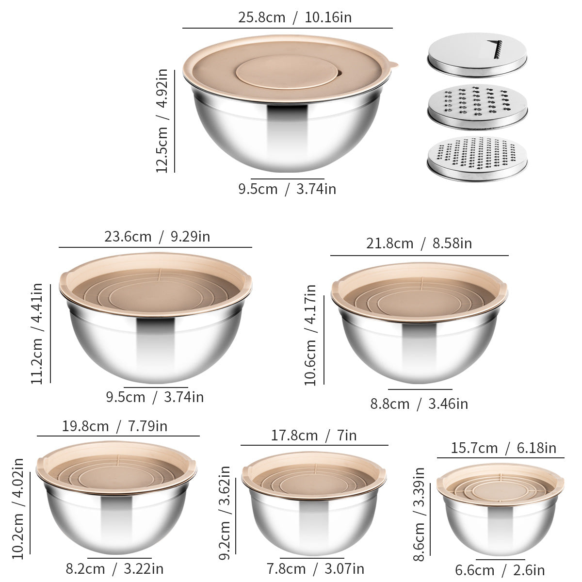 6-Piece Stainless Steel Mixing Bowl Set with Lids & Graters