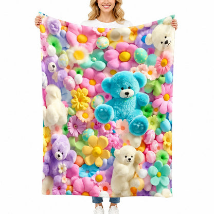 🧸Teddy Bear Floral Flannel Blanket | Soft & Colorful