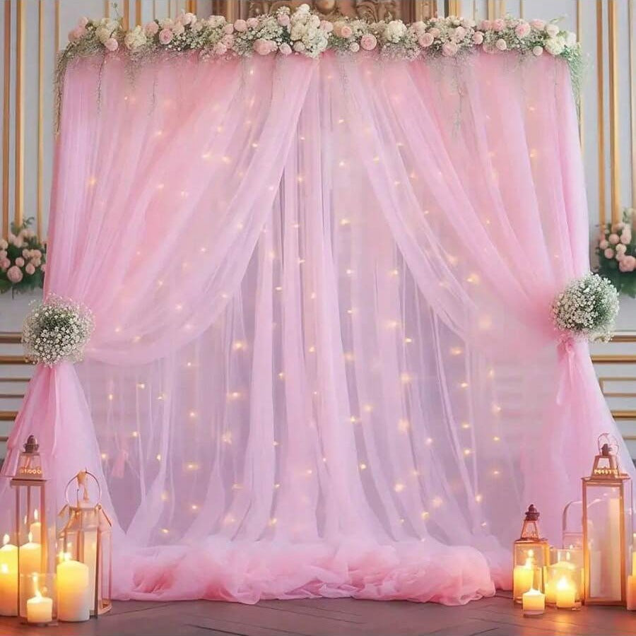 ✨Dreamy Sheer Tulle Backdrop Curtain with Lights for Weddings & Parties🤍