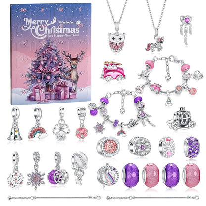 🎄 Christmas Advent Calendar 24 Days DIY Charm Bracelet & Necklace Making Kit, Purple Pink Crystal Beads Jewelry Set, Christmas Gift for Girls