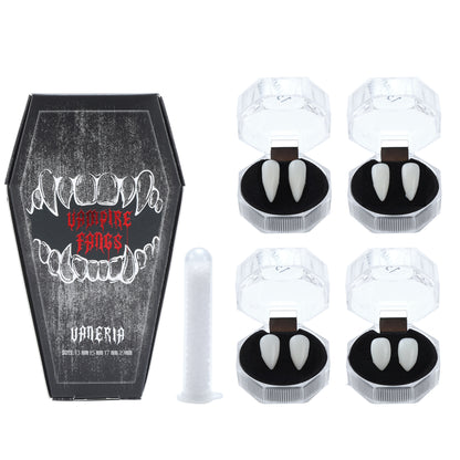 🦇 Your Vampire Look: 4-Size Ivory Fangs Kit & Coffin Box