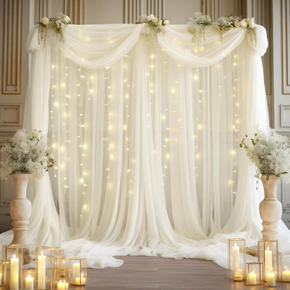 ✨Dreamy Sheer Tulle Backdrop Curtain with Lights for Weddings & Parties🤍