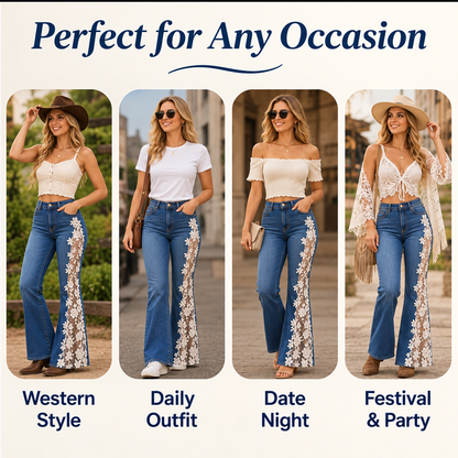 🌸 Women's Floral Lace Panel Flare Jeans – Flattering Western-Inspired Denim