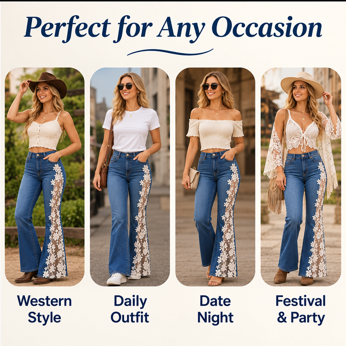 🌸 Women's Floral Lace Panel Flare Jeans – Flattering Western-Inspired Denim