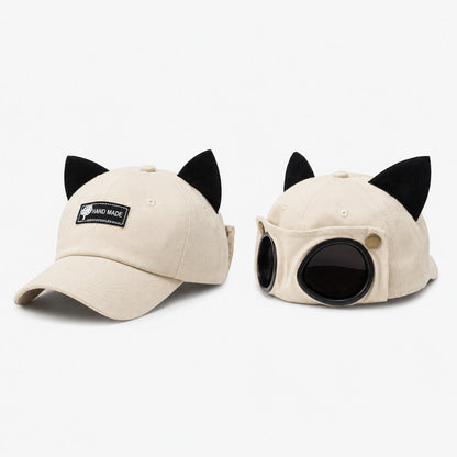 🧢Steampunk Aviator Baseball Cap with Flip-Up Goggles and Cat Ears🐱