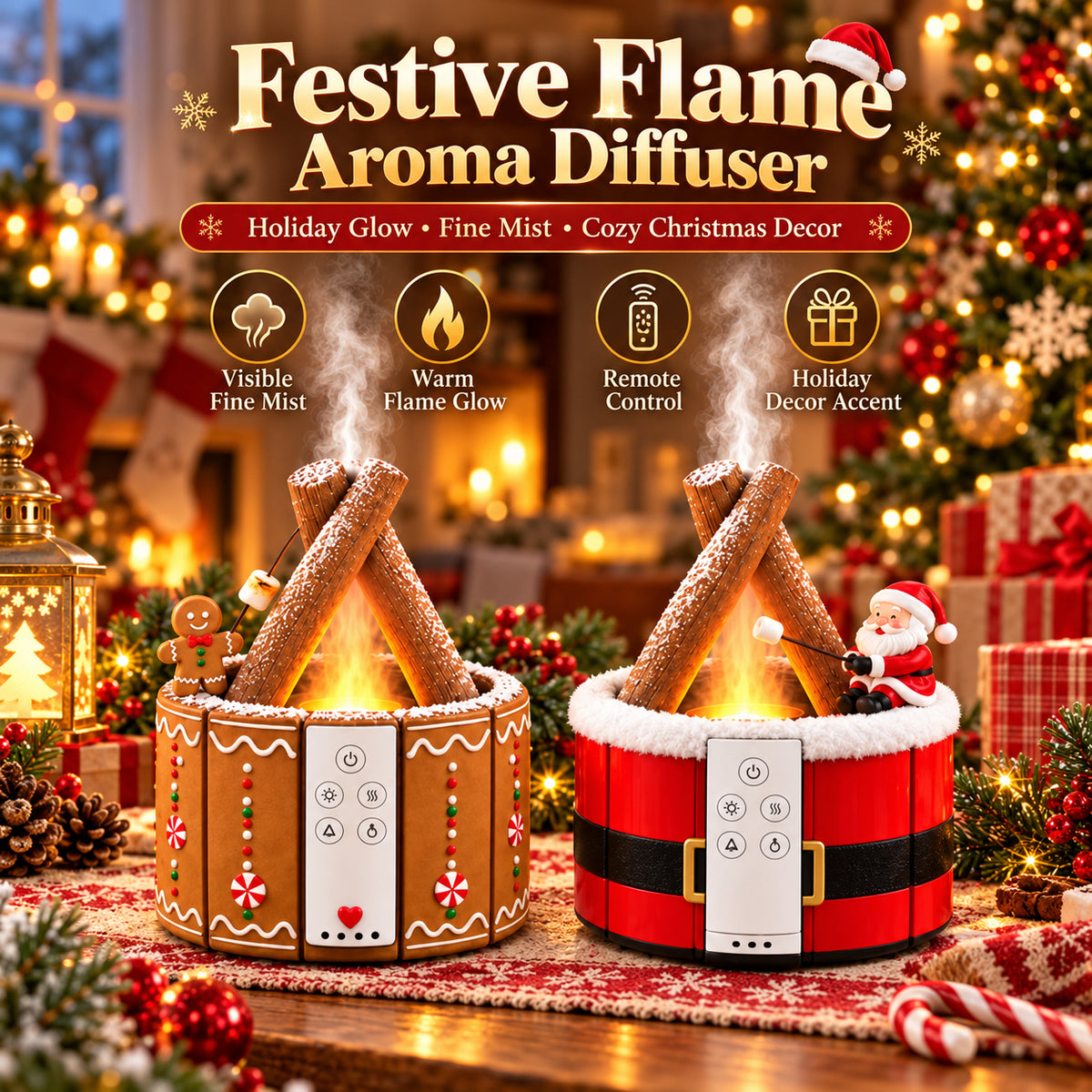 🎄 MerryMist Christmas Campfire Aroma Diffuser – Cozy Flame Glow & Festive Holiday Charm