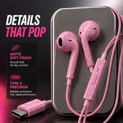 🎧💖 Cute Star & Polka Dot USB-C Wired Earbuds – Girly Aesthetic Earphones with Mic & Metal Storage Case ✨