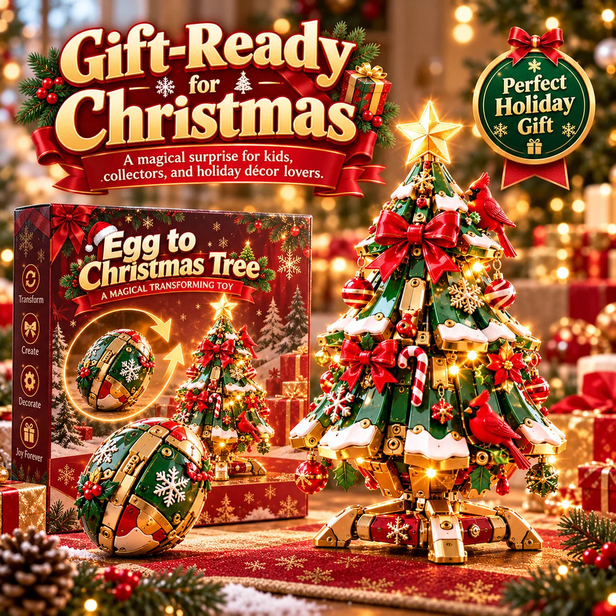 🎄✨ Magical Egg-to-Christmas Tree – Light-Up Transforming Holiday Decoration with Cardinal Details