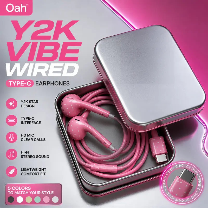 🎧💖 Cute Star & Polka Dot USB-C Wired Earbuds – Girly Aesthetic Earphones with Mic & Metal Storage Case ✨