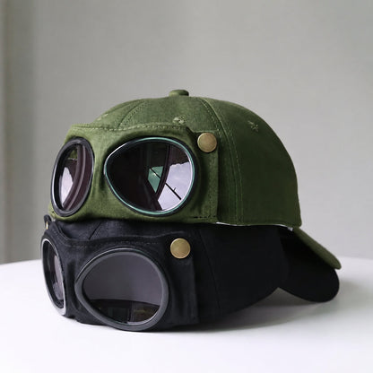 🧢Steampunk Aviator Baseball Cap with Flip-Up Goggles and Cat Ears🐱