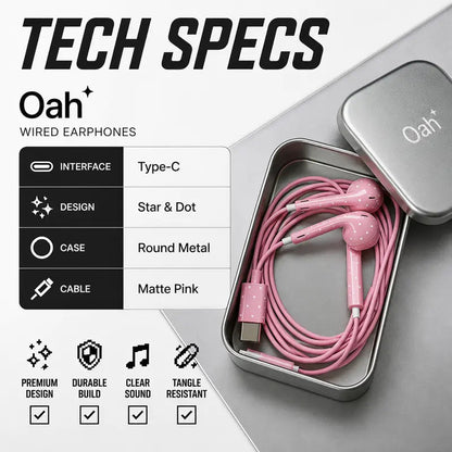 🎧💖 Cute Star & Polka Dot USB-C Wired Earbuds – Girly Aesthetic Earphones with Mic & Metal Storage Case ✨