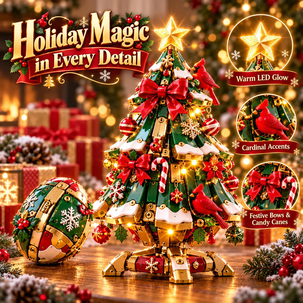 🎄✨ Magical Egg-to-Christmas Tree – Light-Up Transforming Holiday Decoration with Cardinal Details