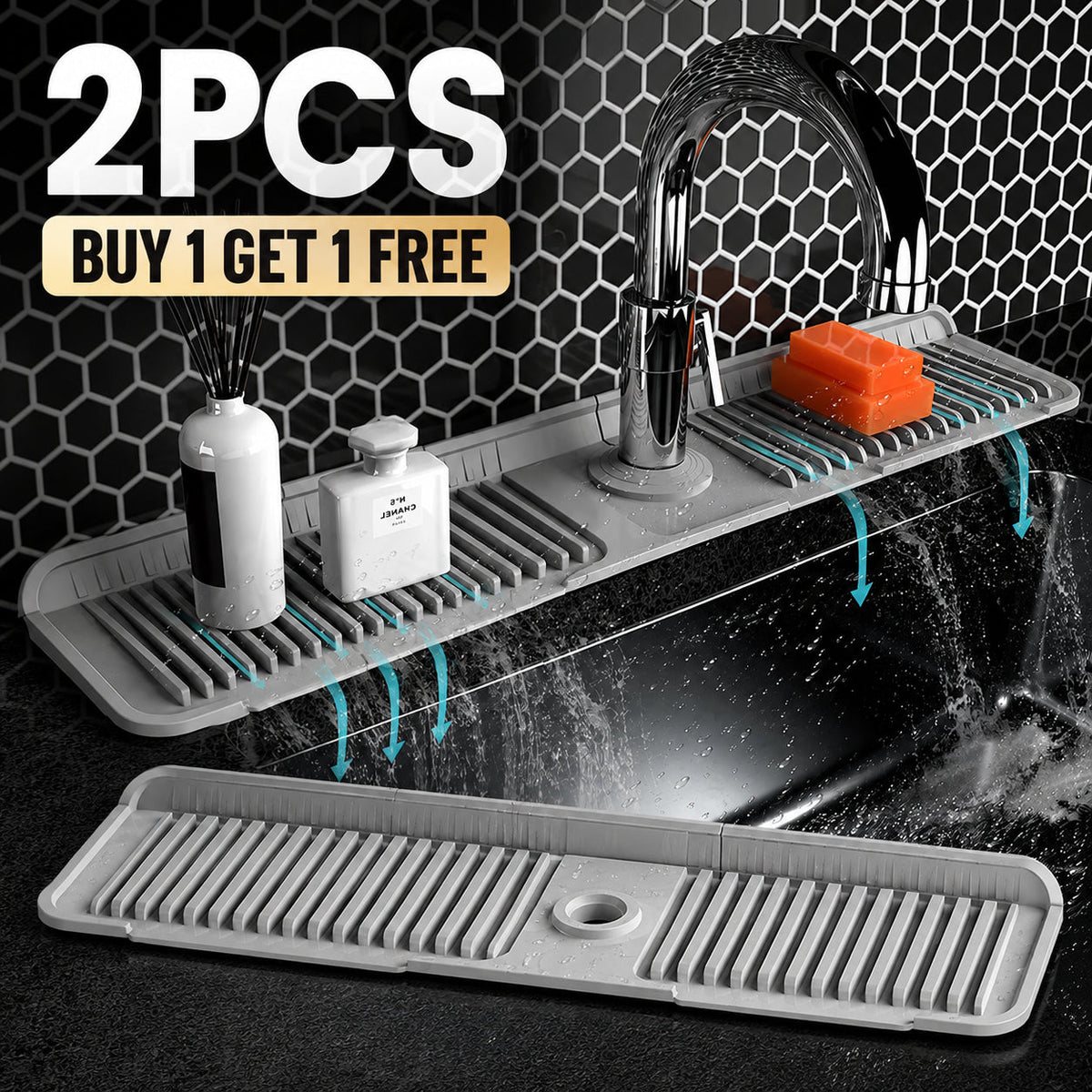 🔥 BUY 1 GET 1 FREE Keep Your Countertops Dry & Clean! — Anti-Slip Silicone Faucet Splash Catcher 🧽💦