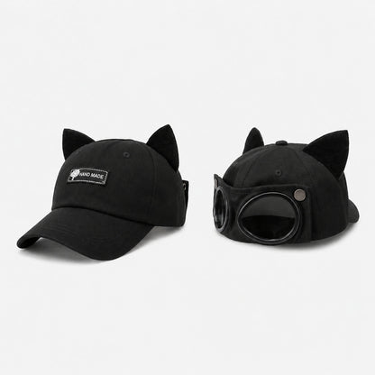🧢Steampunk Aviator Baseball Cap with Flip-Up Goggles and Cat Ears🐱