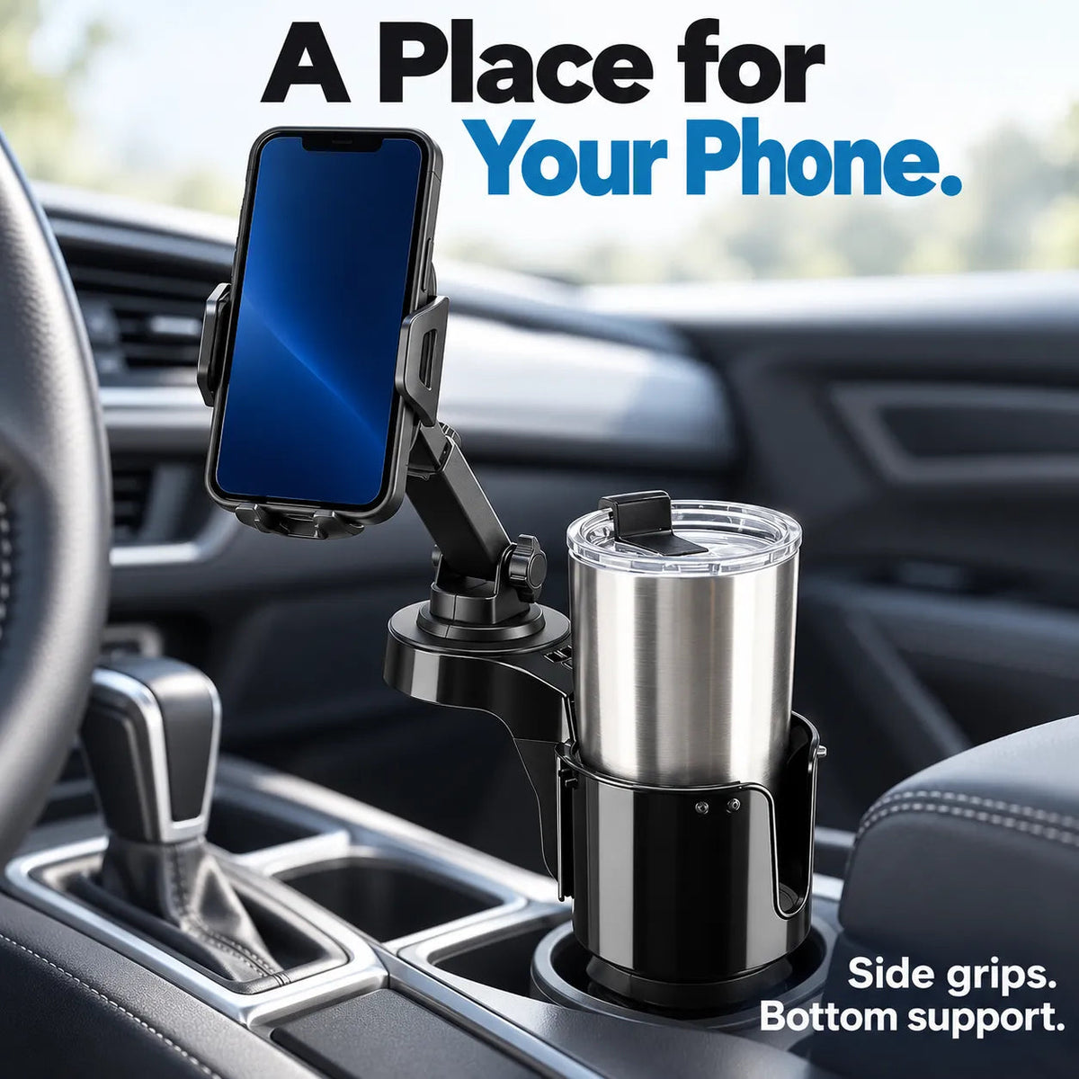 🚗 2-in-1 Car Cup Holder Expander with Adjustable Phone Mount for Everyday Driving