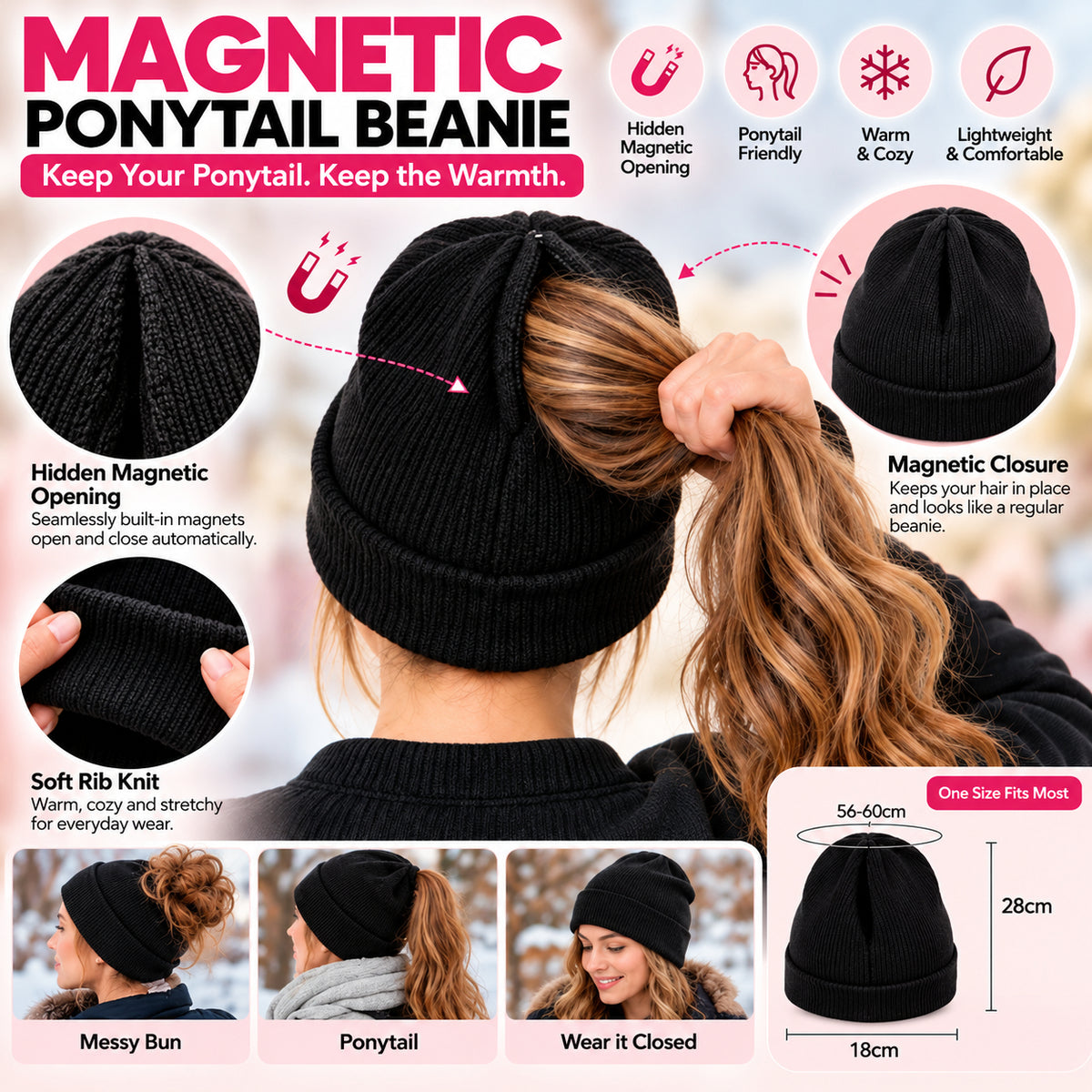 🧶 Magnetic Ponytail Beanie – Cozy Knit Hat with Ear-Covering Cuff