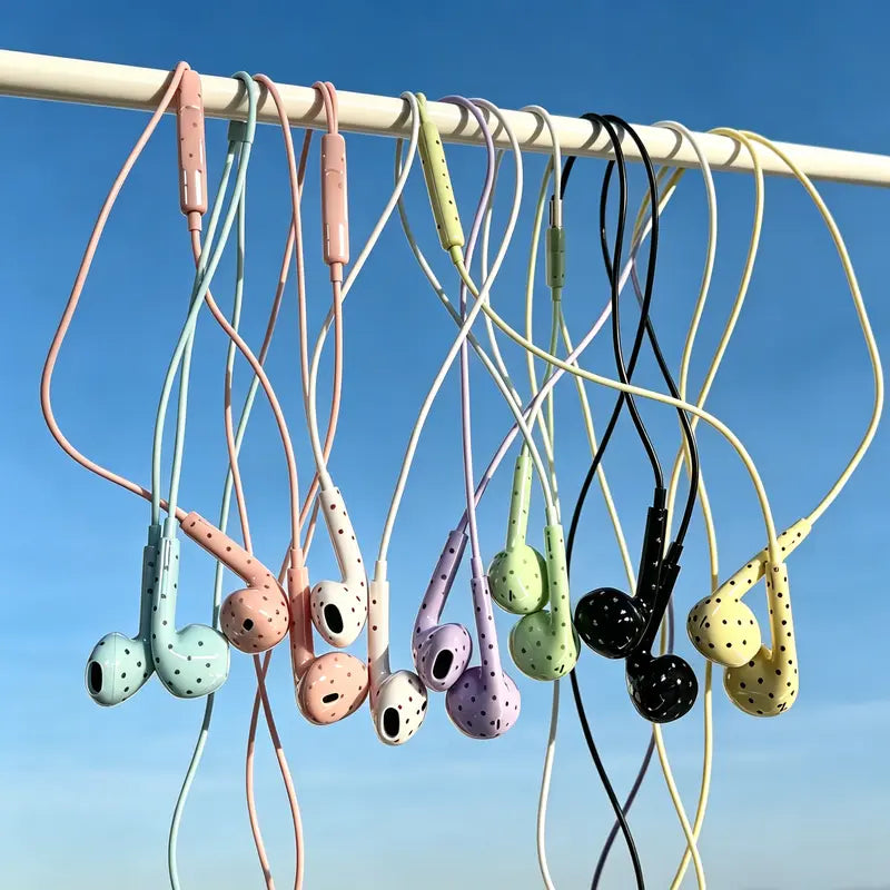 🎧💖 Cute Star & Polka Dot USB-C Wired Earbuds – Girly Aesthetic Earphones with Mic & Metal Storage Case ✨