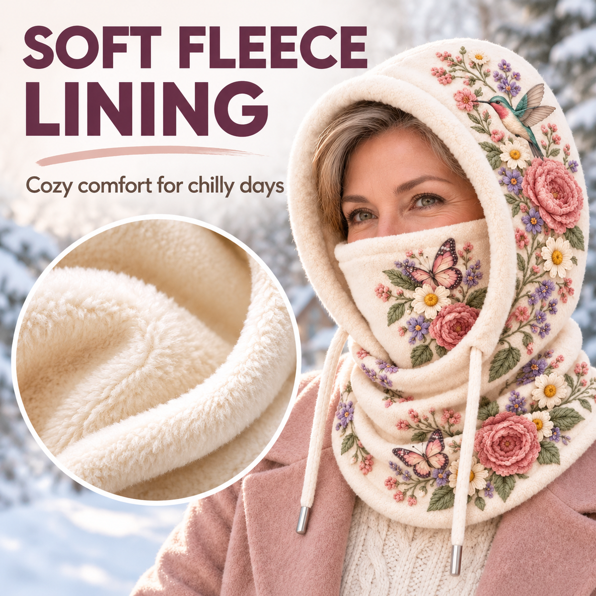 ❄️ Women's 3-in-1 Floral Fleece Winter Hood – Face Cover & Neck Warmer