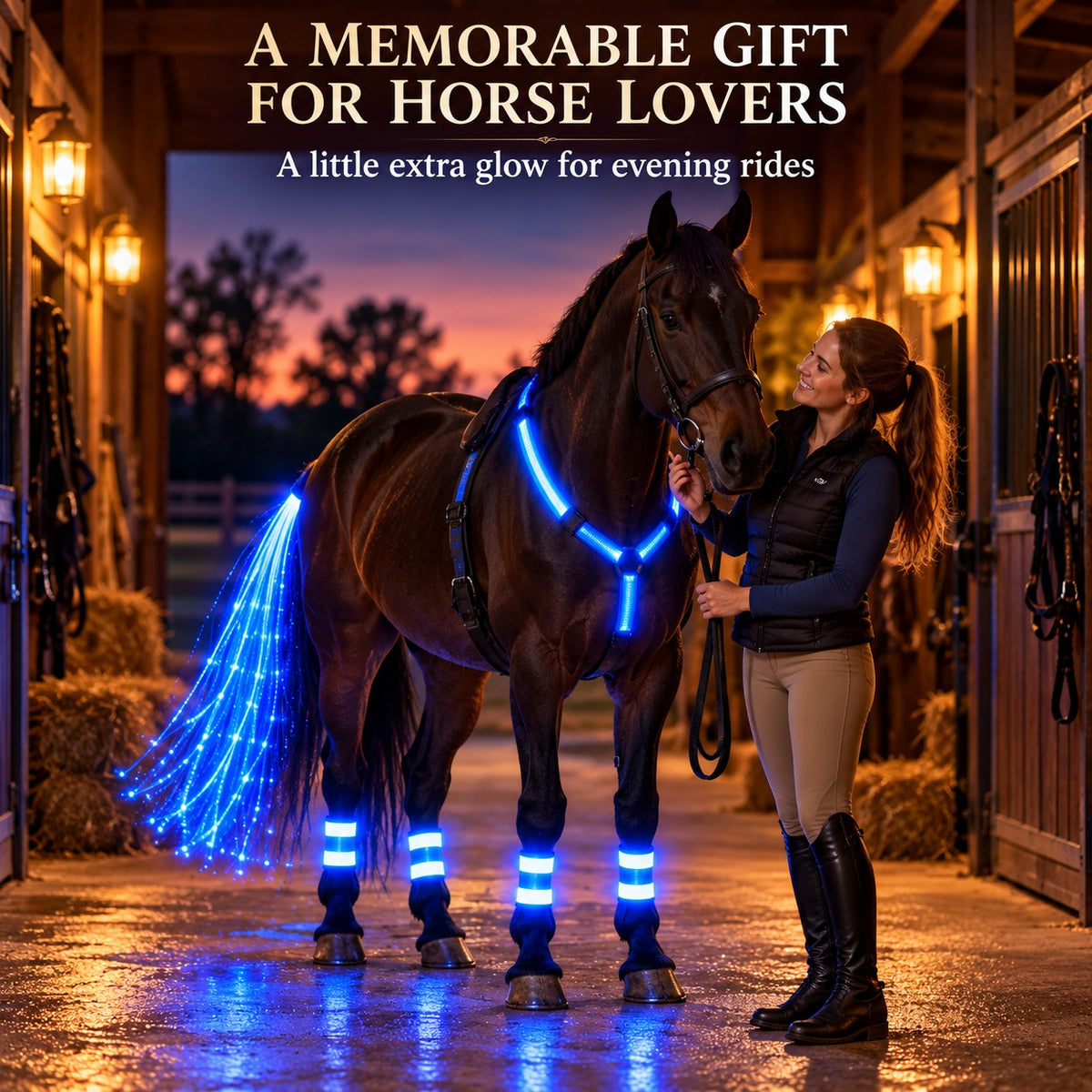LED Horse Visibility Gear Set – Light Up Chest Harness, 4 Leg Bands & Tail Light for Night Riding