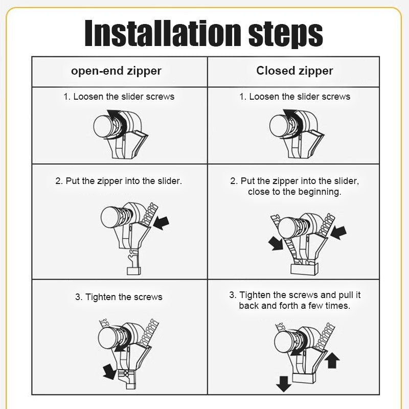 Installation steps for detachable zipper replacement slider