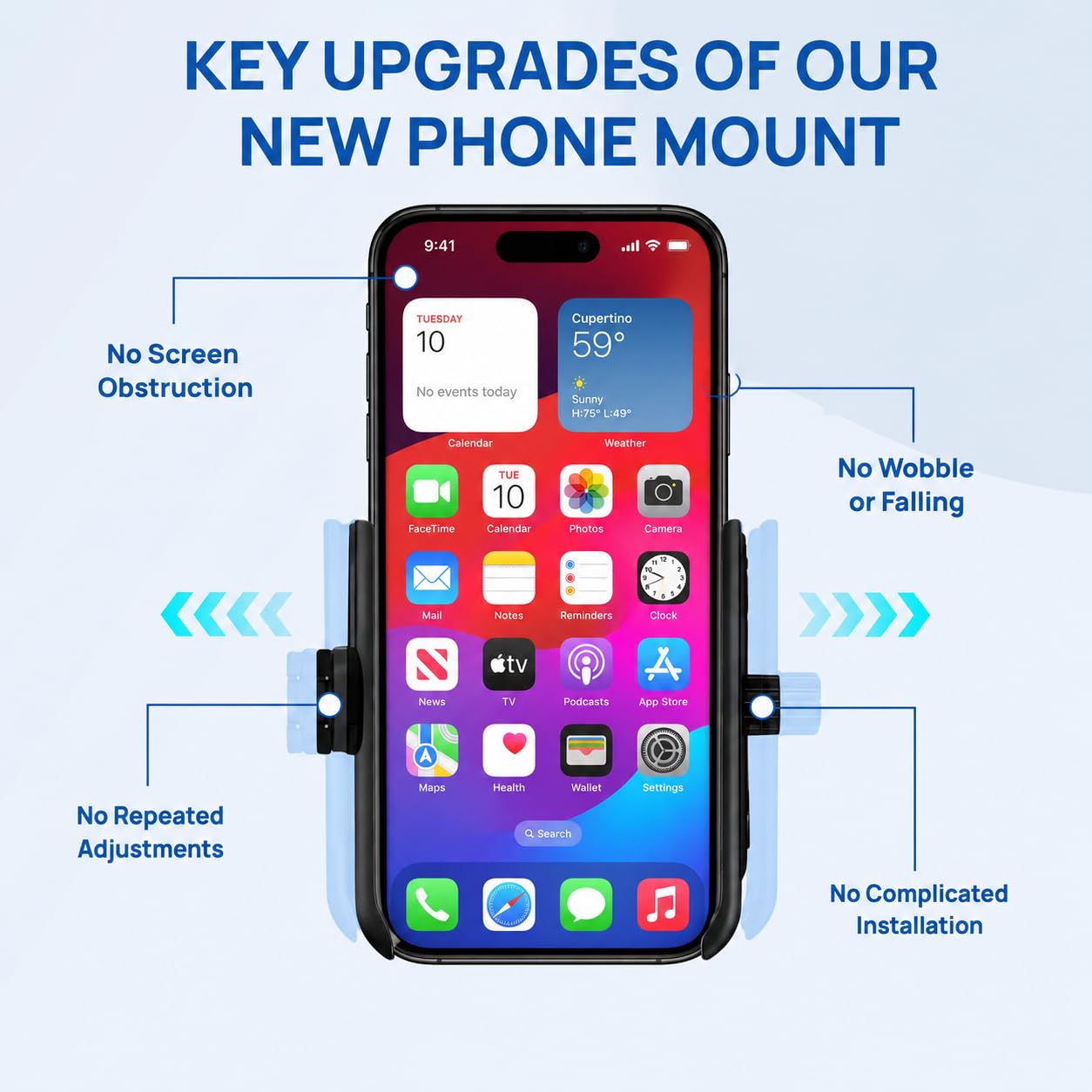 Phone mount with open full screen viewing design