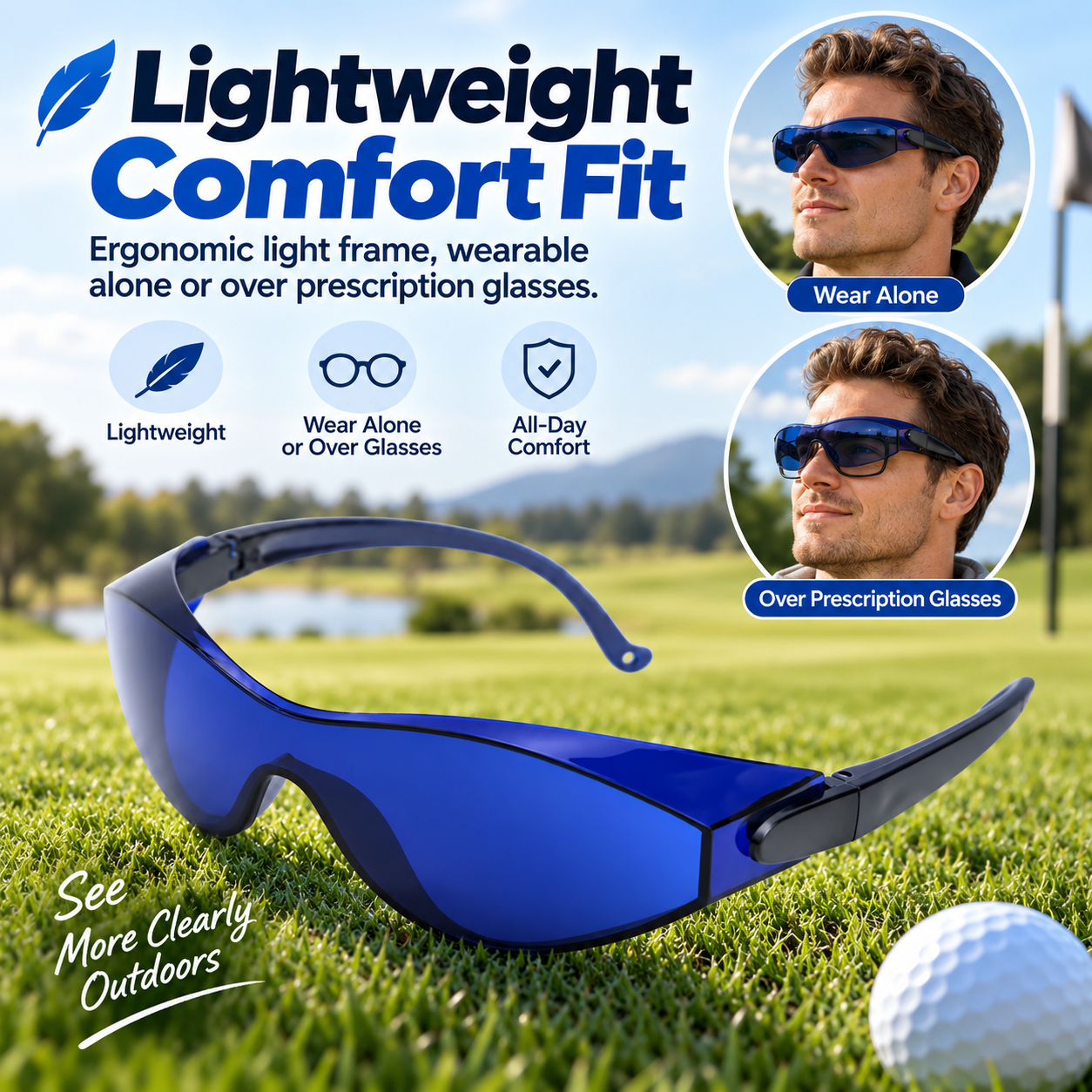 🕶️Golf ball finder blue professional lens glasses - with zippered glasses case