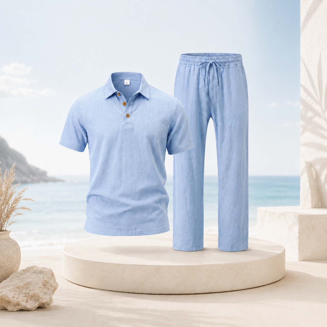 Men's Breathable Cotton Linen Resort Polo & Pants 2-Piece Set