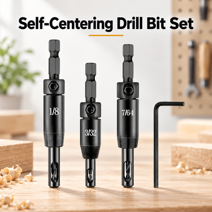 🔧Self-centering drill bit kit - 3/32" 7/64" 1/8" center hinge drill bits for 1/4" hex shank drills