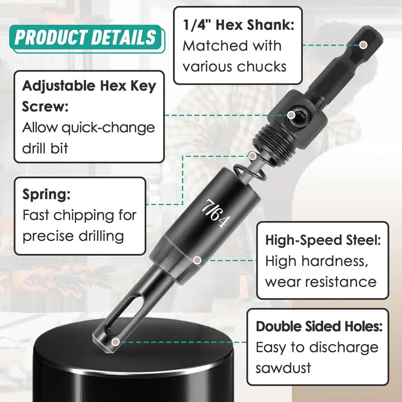 🔧Self-centering drill bit kit - 3/32" 7/64" 1/8" center hinge drill bits for 1/4" hex shank drills