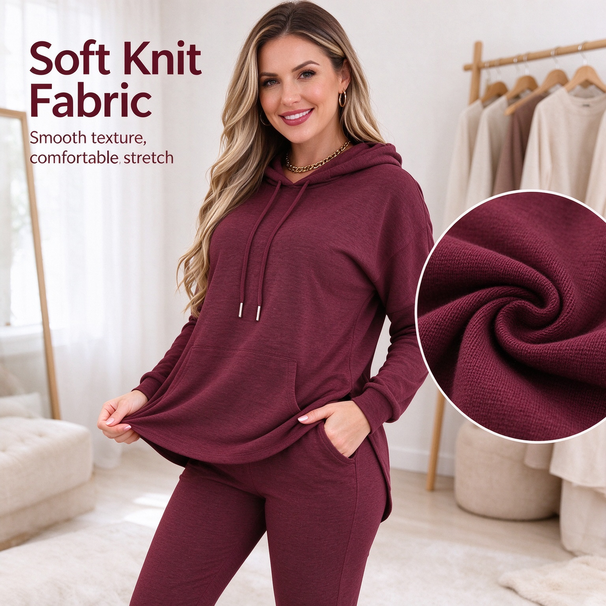 Women's Solid Basic 2-Piece Outfit, Drawstring Hooded Long Sleeve Top & Slim Fit Casual Pants 🧥👖