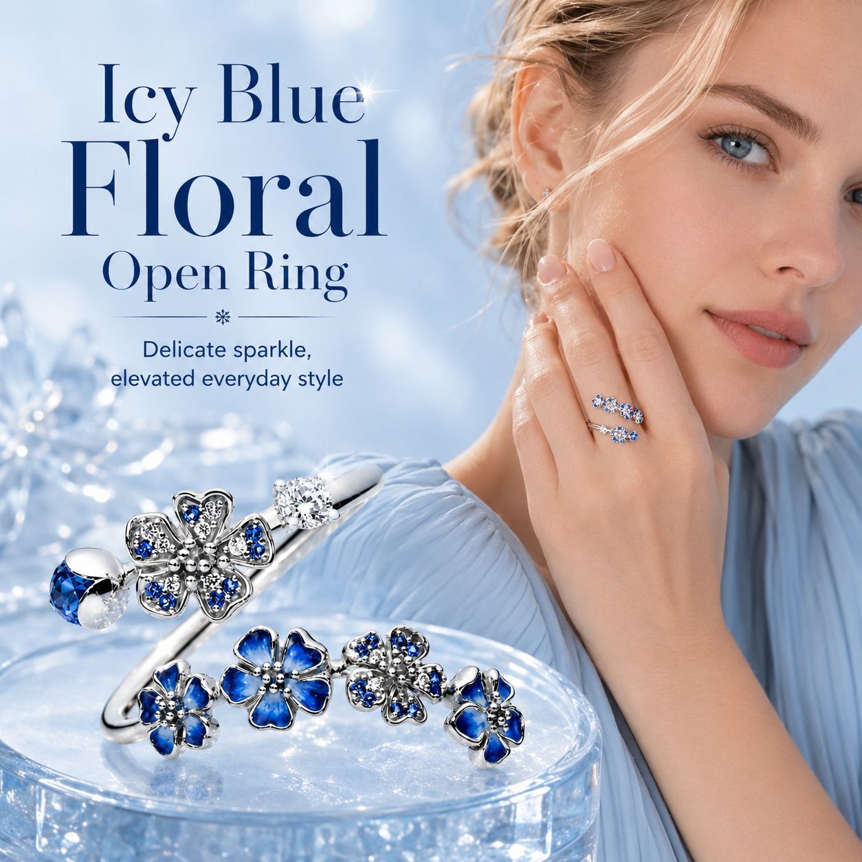 Cool-Toned Enamel Flower Adjustable Ring ❄️✨