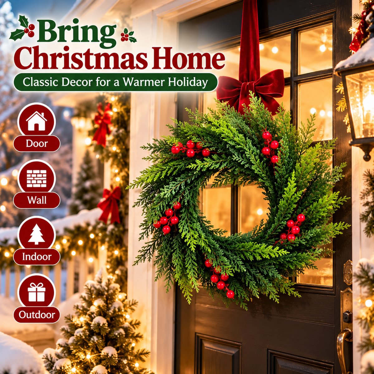 🎄 Red Berries Evergreen Christmas Wreath - Festive Door Decoration