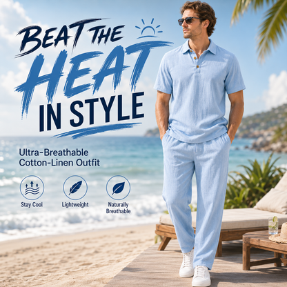Men's Breathable Cotton Linen Resort Polo & Pants 2-Piece Set