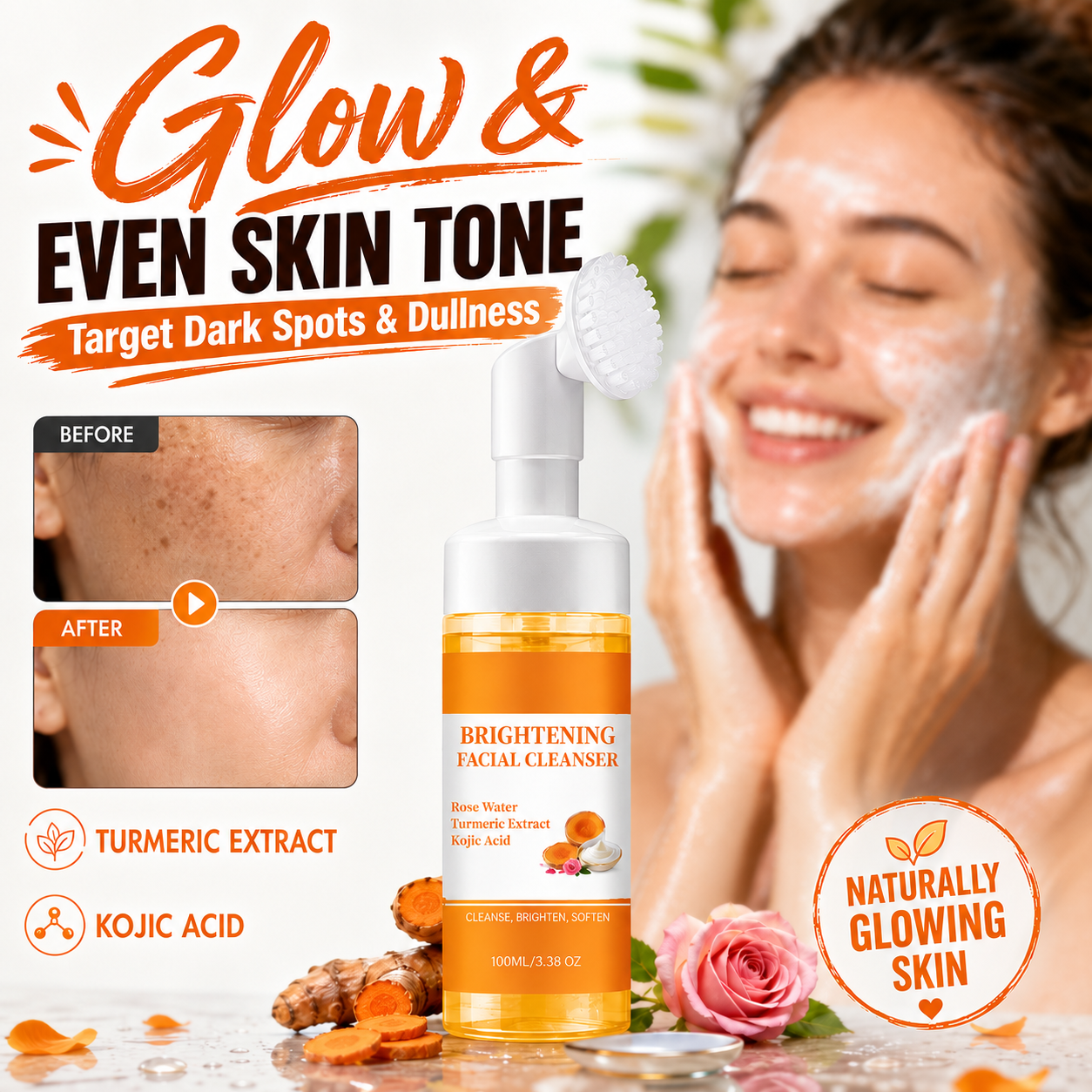 ✨ Turmeric & Kojic Acid Brightening Facial Cleanser Foaming Brush