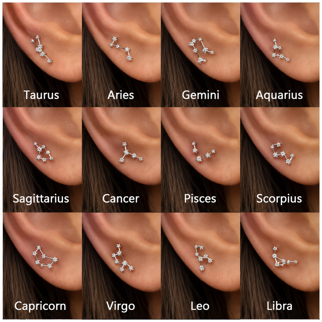 💫 12 Zodiac Constellation Studs - CZ Cartilage Piercing Jewelry