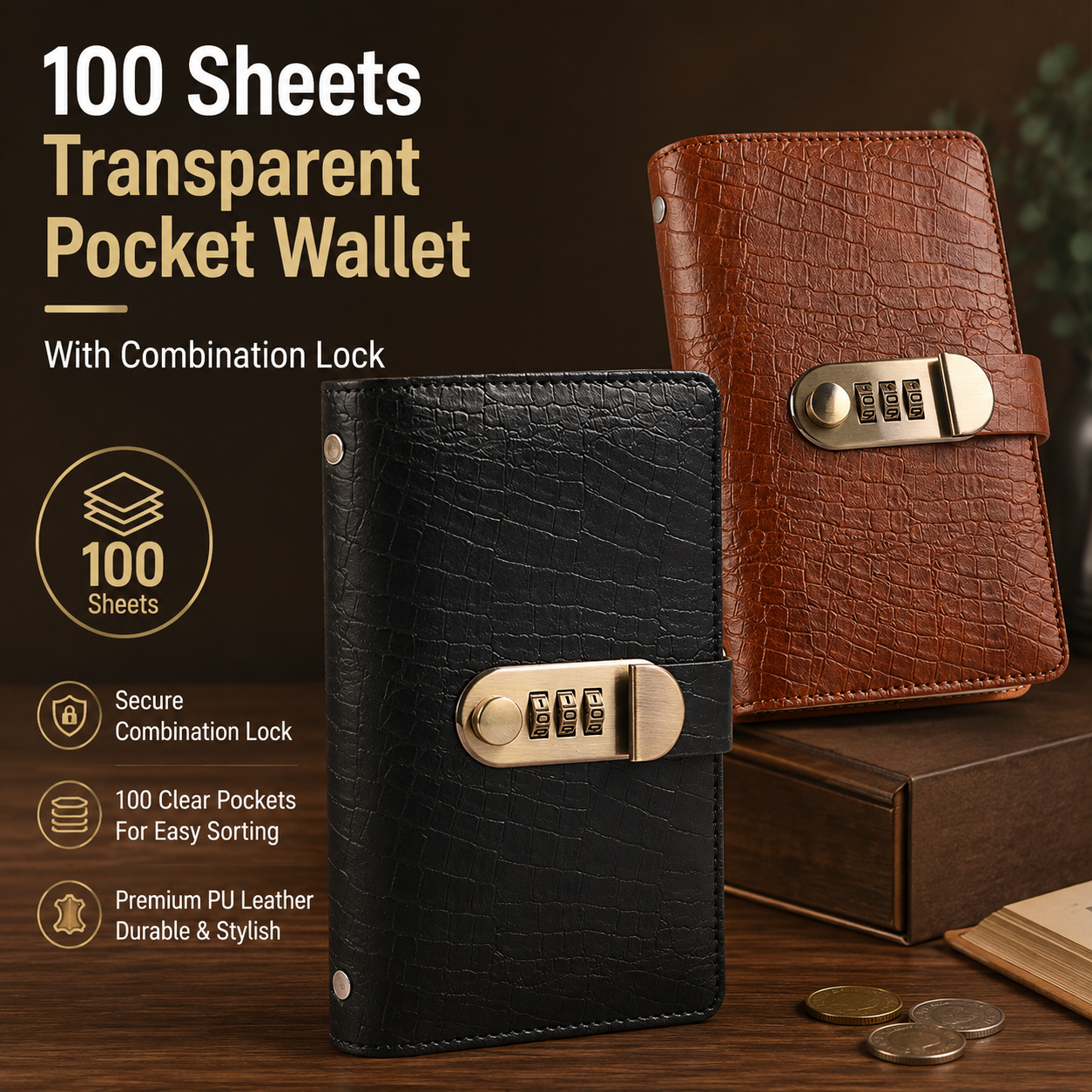 💵100 Sheets Transparent Pocket Wallet - With Combination Lock